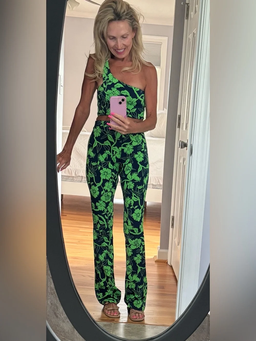 Zara Black & Neon Green Floral One-Shoulder Crop Top with Boot-Cut Pants